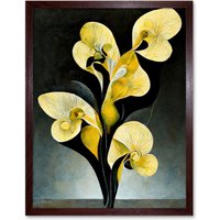 Artery8 Wall Art Print Modern Abstract Black Yellow Orchid Flower Art Framed in Brown | Size: W12" x H16"