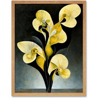 Artery8 Wall Art Print Modern Abstract Black Yellow Orchid Flower Art Framed in Light Oak | Size: W12" x H16"