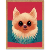 Artery8 Wall Art Print Cute Geometric Pomeranian Dog Art Framed in Light Oak | Size: W12" x H16"