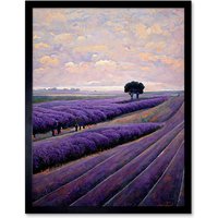 Artery8 Wall Art Print Lone Tree In A Field Of Purple Lavender Flowers Art Framed in Black | Size: W12" x H16"