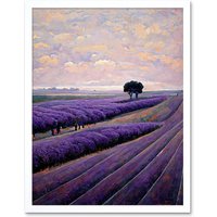Artery8 Wall Art Print Lone Tree In A Field Of Purple Lavender Flowers Art Framed in White | Size: W12" x H16"