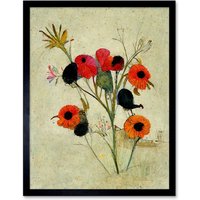Artery8 Wall Art Print Poppy Flowers Colourful Floral Abstract Art Framed in Black | Size: W12" x H16"