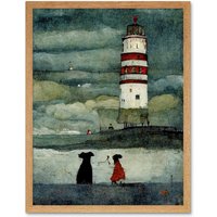 Artery8 Wall Art Print Lighthouse Keeper's Dog Quirky Grunge Art Framed in Light Oak | Size: W12" x H16"