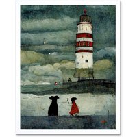 Artery8 Wall Art Print Lighthouse Keeper's Dog Quirky Grunge Art Framed in White | Size: W12" x H16"