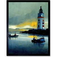 Artery8 Wall Art Print Scottish Harbour Fishing Boats Lighthouse Modern Art Framed in Black | Size: W12" x H16"