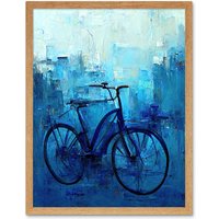 Artery8 Wall Art Print Single Blue Bicycle Modern Art Framed in Light Oak | Size: W12" x H16"