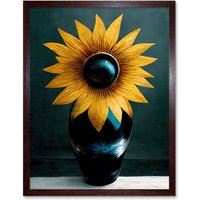 Artery8 Wall Art Print Modern Bright Single Yellow Black Sunflower In Vase Art Framed in Brown | Size: W12" x H16"