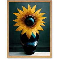 Artery8 Wall Art Print Modern Bright Single Yellow Black Sunflower In Vase Art Framed in Light Oak | Size: W12" x H16"