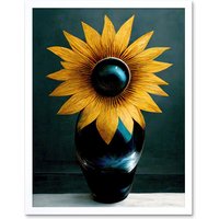 Artery8 Wall Art Print Modern Bright Single Yellow Black Sunflower In Vase Art Framed in White | Size: W12" x H16"