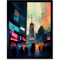 Artery8 Wall Art Print Times Square New York Neon Street Art Framed in Black | Size: W12" x H16"