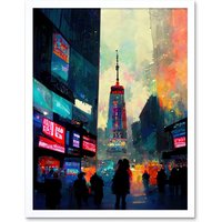 Artery8 Wall Art Print Times Square New York Neon Street Art Framed in White | Size: W12" x H16"