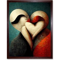 Artery8 Wall Art Print Abstract True Love Modern Teal Coral Black Art Framed in Brown | Size: W12" x H16"