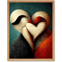 Artery8 Wall Art Print Abstract True Love Modern Teal Coral Black Art Framed in Light Oak | Size: W12" x H16"