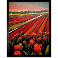 Artery8 Wall Art Print Red Tulip Fields Of Holland Netherlands Modern Oil Art Framed in Black | Size: W12" x H16"