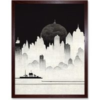 Artery8 Wall Art Print Futuristic Cityscape Ukiyo-e Flat Art Framed in Brown | Size: W12" x H16"