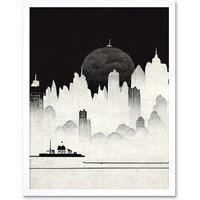 Artery8 Wall Art Print Futuristic Cityscape Ukiyo-e Flat Art Framed in White | Size: W12" x H16"