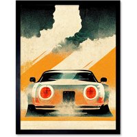 Artery8 Wall Art Print Japanese Sports Car Vintage Vector Yellow Silver Black Art Framed | Size: W12" x H16"