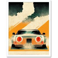 Artery8 Wall Art Print Japanese Sports Car Vintage Vector Yellow Silver Black Art Framed in White | Size: W12" x H16"