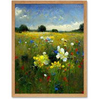 Artery8 Wall Art Print Wildflower Summer Meadow Floral Landscape Oil Art Framed in Light Oak | Size: W12" x H16"