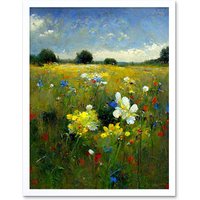 Artery8 Wall Art Print Wildflower Summer Meadow Floral Landscape Oil Art Framed in White | Size: W12" x H16"
