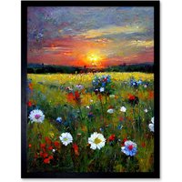 Artery8 Wall Art Print Wildflower Floral Landscape Sunrise Oil Art Framed in Black | Size: W12" x H16"