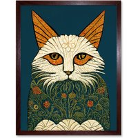 Artery8 Wall Art Print Melancholy Moggie Cat William Morris Style Teal Gold Art Framed in Brown | Size: W12" x H16"