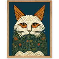 Artery8 Wall Art Print Melancholy Moggie Cat William Morris Style Teal Gold Art Framed in Light Oak | Size: W12" x H16"