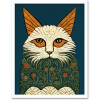 Artery8 Wall Art Print Melancholy Moggie Cat William Morris Style Teal Gold Art Framed in White | Size: W12" x H16"