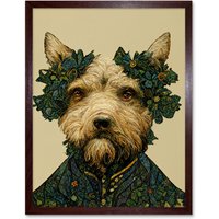 Artery8 Wall Art Print Cute Fun Westie Dog Vintage William Morris Style Art Framed in Brown | Size: W12" x H16"
