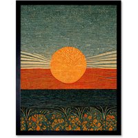 Artery8 Wall Art Print William Morris Style Sunrise Over Sea Abstract Art Framed in Orange | Size: W12" x H16"