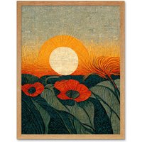 Artery8 Wall Art Print Abstract Sunrise Over Poppy Meadow William Morris Style Art Framed in Light Oak | Size: W12" x H16"