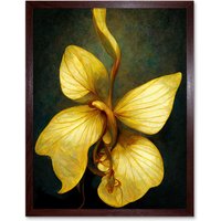 Artery8 Wall Art Print Single Detailed Golden Yellow Orchid Flower Art Framed in Brown | Size: W12" x H16"