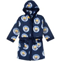 Manchester City FC Boy's Kids Hooded Fleece Dressing Gown Robe in Blue | Size: 7-8 Years