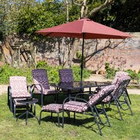 Hectare 6 Seater Reclining Chair Dining Set Tempered Glass Table Parasol Wine