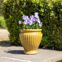 Primrose Rib Textured Glazed Terracotta Round Planter In Gloss Yellow 22cm