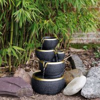 Primrose Solar Power 3 Tier Stacked Bowls Gold Edge Water Feature Cascade LED Lights 46cm in Black