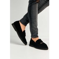 Miss Diva Women's Tonya Charm Detail Slip-On Faux Suede Loafers in True Black | Size: 5
