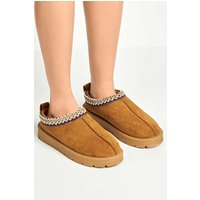 Miss Diva Women's Sigrid Embroidered Faux Fur Lining Slippers in Camel | Size: 4