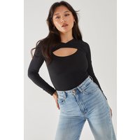 Pink Vanilla Women's Twist Letterbox Long Sleeve Body in Black | Size: 8
