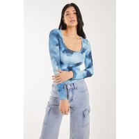 Pink Vanilla Women's Tie Dye Printed Bodysuit in Blue | Size: Small