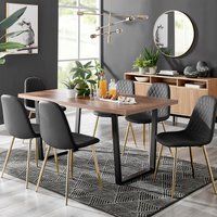 FurnitureboxUK Kylo Large Brown Wood Effect Dining Table & 6 Corona Gold Leg Faux Leather Chairs in Black