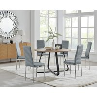 FurnitureboxUK Santorini Brown Wood Effect Dining Table & 6 Milan Chrome Leg Chairs in Grey