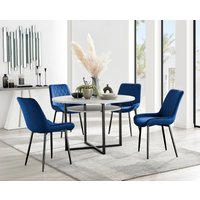FurnitureboxUK Adley Grey Concrete Effect & Black Round Dining Table with Shelf & 4 Velvet Pesaro Dining Chairs in Navy