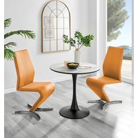 FurnitureboxUK Elina White Marble Effect Scratch Resistant Dining Table & 2 Willow Faux Leather Chairs in Mustard