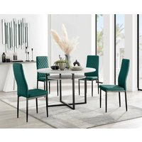 FurnitureboxUK Adley Grey Concrete Effect & Black Round Dining Table with Shelf & 4 Velvet Milan Dining Chairs in Green
