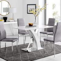 FurnitureboxUK Atlanta White High Gloss & Chrome 4 Seater Dining Table with X Shaped Legs & 4 Soft Velvet Milan Chairs in Grey