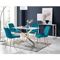 FurnitureboxUK Leonardo White Glass Marble Effect Gold Leg Table & 4 Pesaro Gold Leg Chairs in Blue