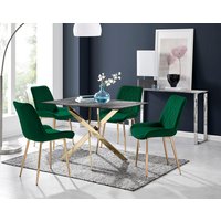 FurnitureboxUK Leonardo Grey Glass Marble Effect Gold Leg Table & 4 Pesaro Gold Leg Chairs in Green
