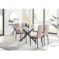 FurnitureboxUK Leonardo White Glass Marble Effect Black Leg Table & 4 Milan Black Leg Chairs in Beige