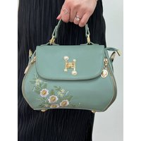 SVNX Women's Embroidered Crossbody Bag with Zip Charms in Green